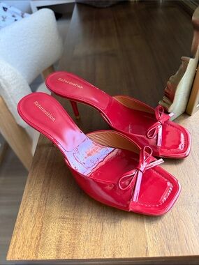 Reformation Red Patent Bow Mule Heels